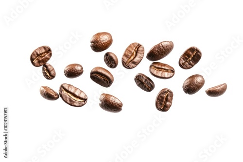 Falling coffee beans background isolated scattered.