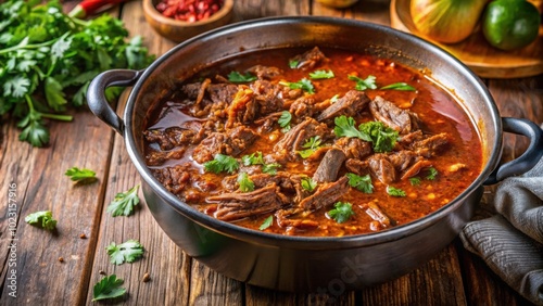 Vertical big pot of beef birria, Mexican cuisine, traditional, stew, meat, flavorful, savory, delicious, cooked, spicy photo