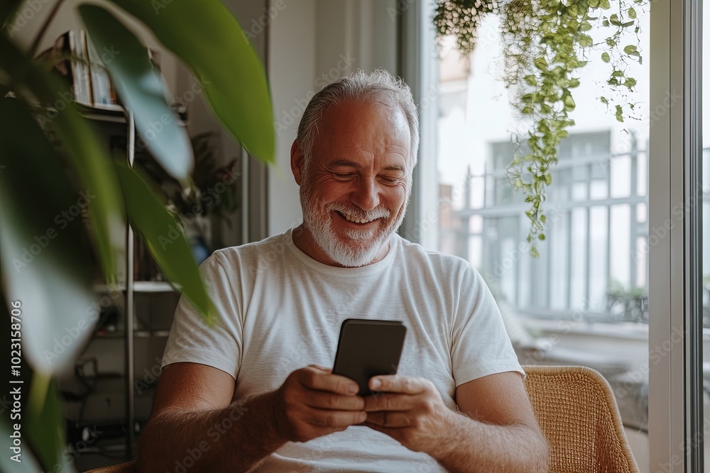 Senior Man Enjoying a Moment of Connection on His Smartphone at Home Surrounded by Greenery Senior Man Enjoying a Moment of Connection on His Smartphone at Home Surrounded by Greenery