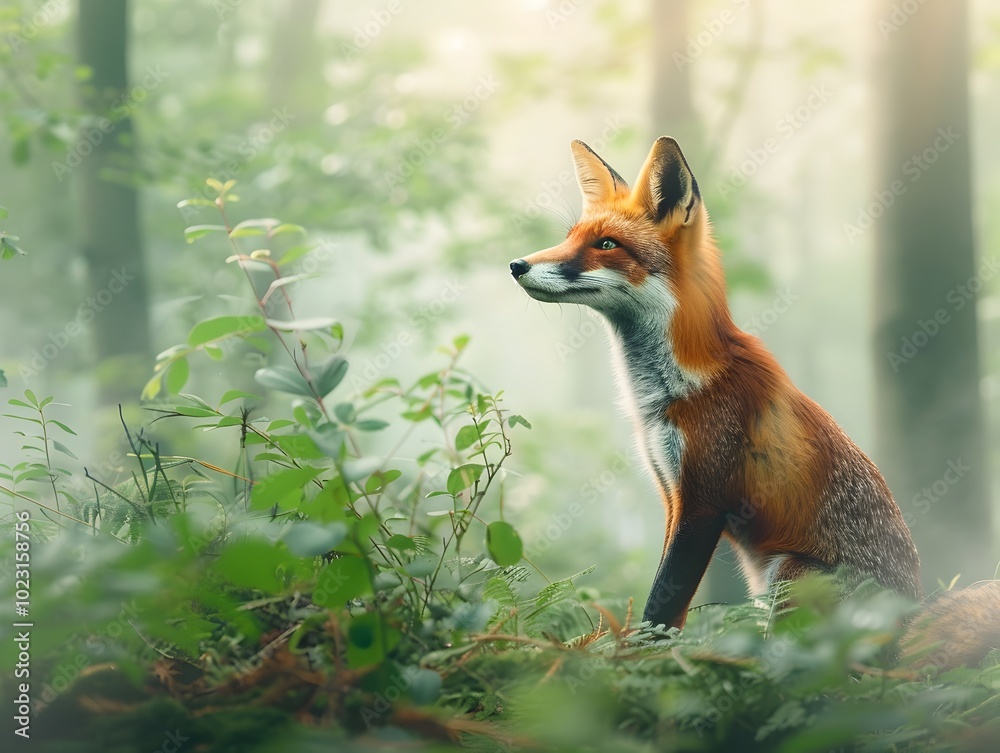 Naklejka premium Curious Fox Exploring Misty Forest at Dawn with Vibrant Orange Fur