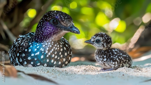 Spangled Cotinga on sand