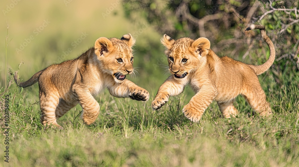 Two Lion Cubs Playfully Facing Each Other in Grass Two Lion Cubs Playfully Facing Each Other in Grass