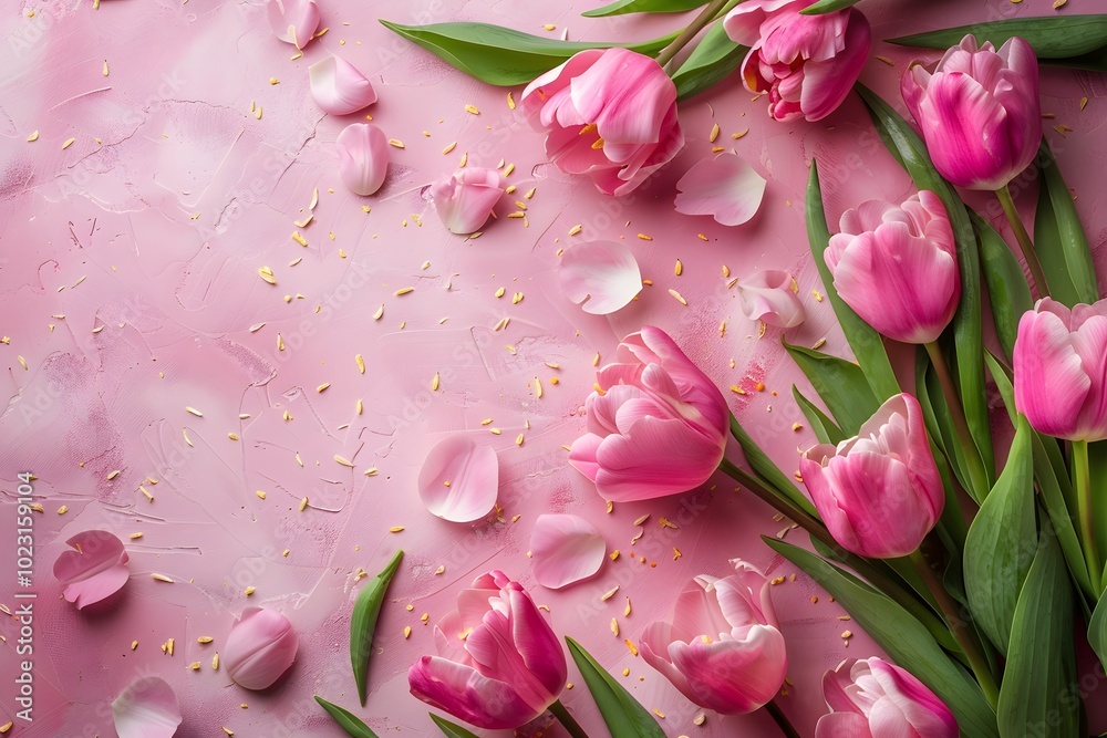 Beautiful Pink Tulips on a Soft Pink Background with Petals Beautiful Pink Tulips on a Soft Pink Background with Petals