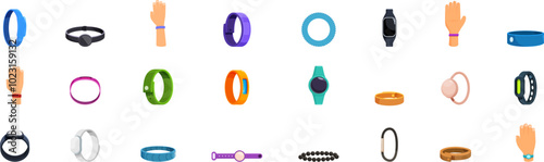 Mosquito repellent bracelet icons set. Set of smart watch icons showing different models and colors for men and women, isolated on white