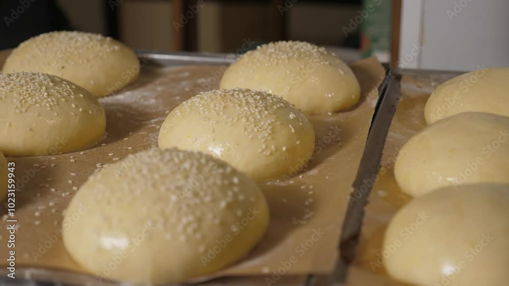 Close-up of the chef sprinkling sesame seeds on round burger buns before baking. The process of making burger buns in the restaurant kitchen. Close-up of the chef sprinkling sesame seeds on round burger buns before baking. The process of making burger buns in the restaurant kitchen.