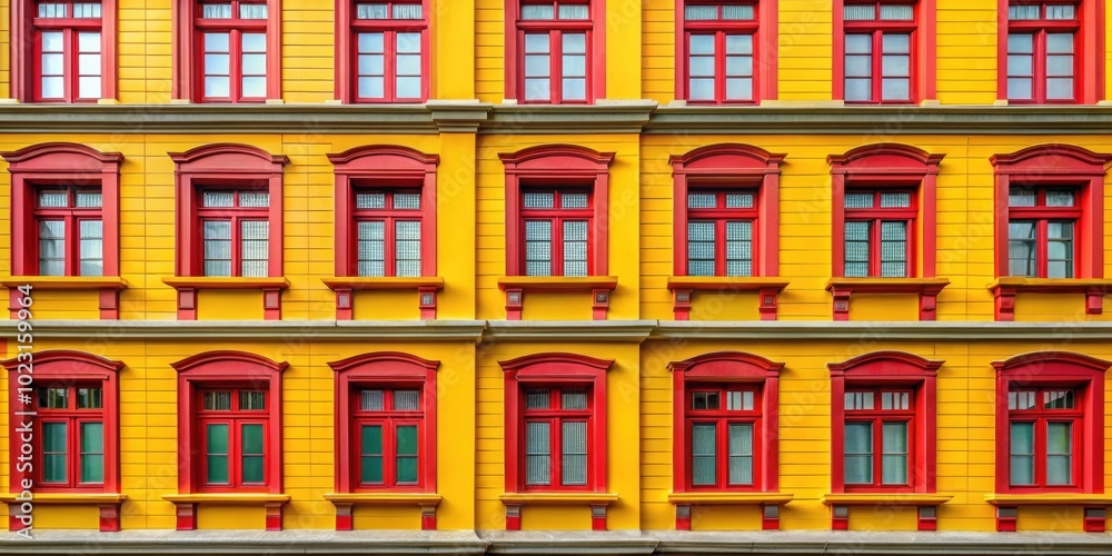 Naklejka premium Yellow windows with red accents on a building, creating a vibrant and visually captivating contrast , architecture