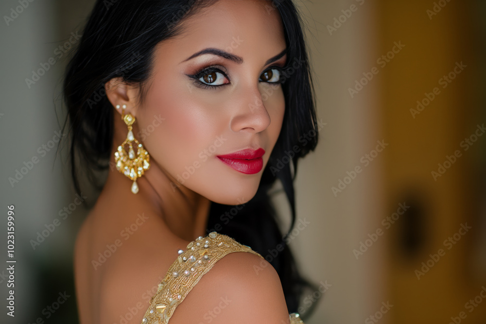 Sensual Latina female model with long black hair posing