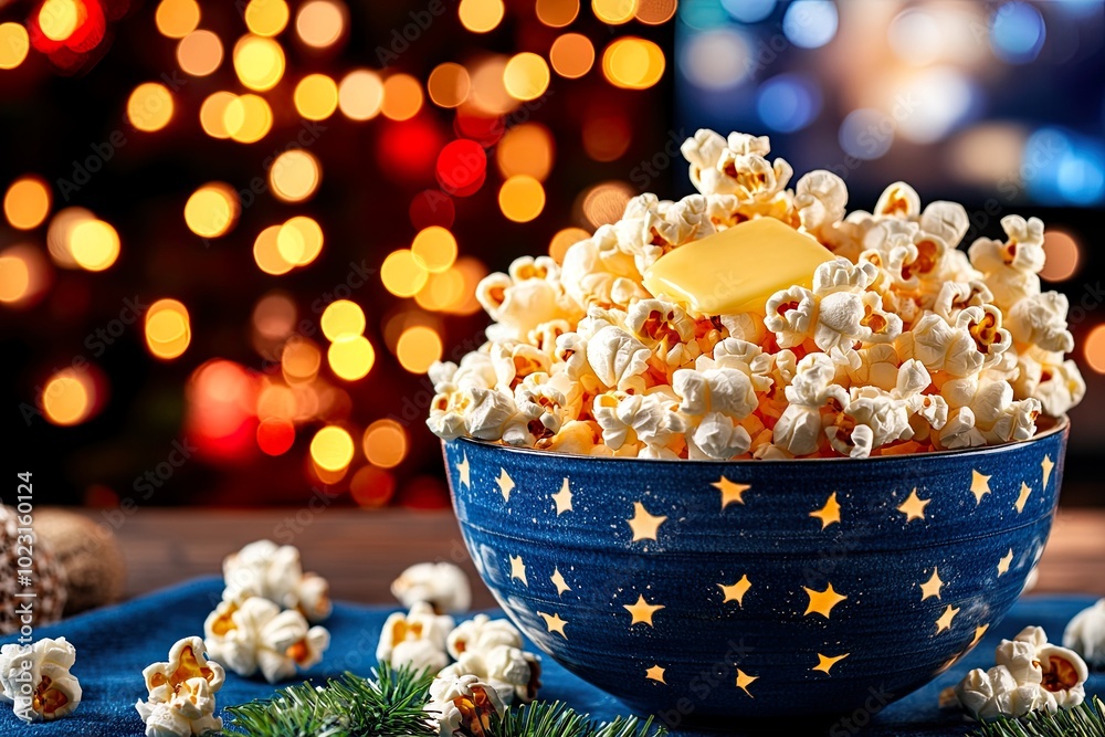 Bowl of popcorn with butter, festive background lights. Bowl of popcorn with butter, festive background lights.