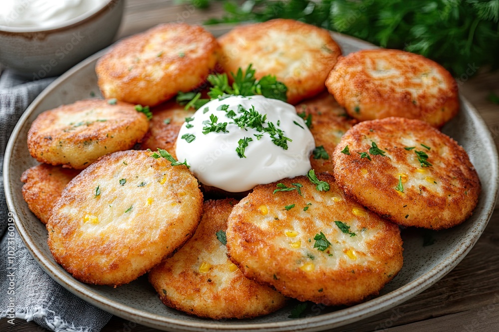 Plate of golden fried patties with sour cream. Plate of golden fried patties with sour cream.