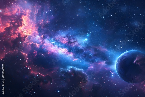 Stunning Cosmic Landscape with Vibrant Nebula and Distant Planet