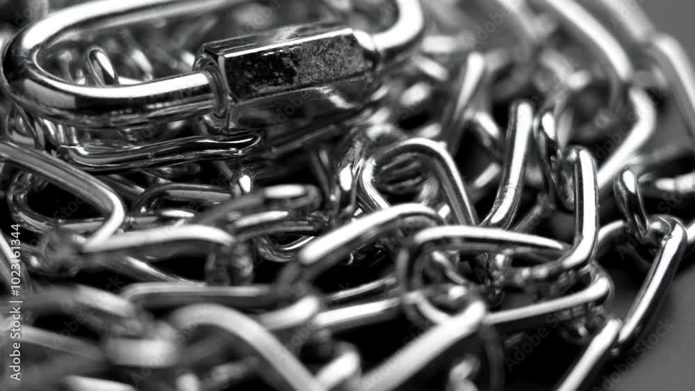 Shiny metal chrome chain with carabine hook and connected links. Macro. Rotation Shiny metal chrome chain with carabine hook and connected links. Macro. Rotation