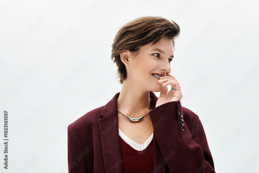 A stunning woman showcases her elegant winter attire, exuding warmth and confidence. A stunning woman showcases her elegant winter attire, exuding warmth and confidence.