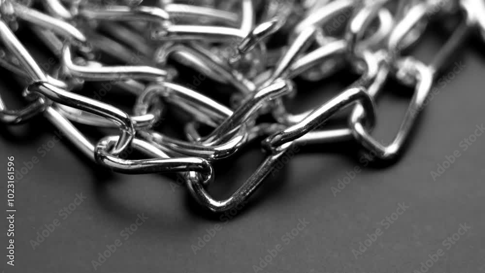 Stacked metal chrome chain with shiny connected links on black. Rotation. Macro shot Stacked metal chrome chain with shiny connected links on black. Rotation. Macro shot