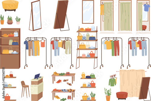 Shopping clothing shoes store interior element set