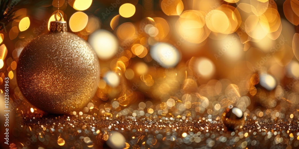A beautifully lit holiday scene featuring a golden Christmas ornament adorned with glitter and surrounded by a sparkling, festive background of lights and bokeh A beautifully lit holiday scene featuring a golden Christmas ornament adorned with glitter and surrounded by a sparkling, festive background of lights and bokeh