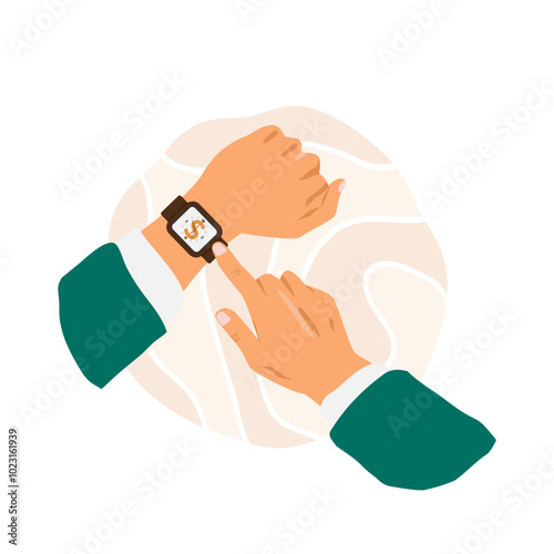 Time is money. Businessman hand pointing at wristwatches design vector illustration
