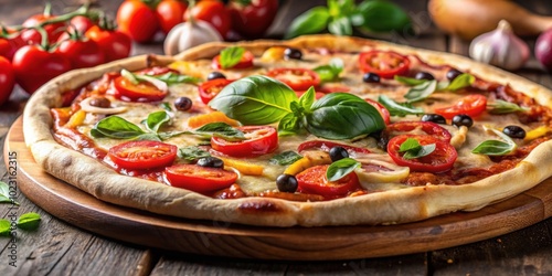 Close-up of a freshly baked homemade pizza, food, cooking, Italian cuisine, delicious, cheese, tomato, basil, oven, homemade