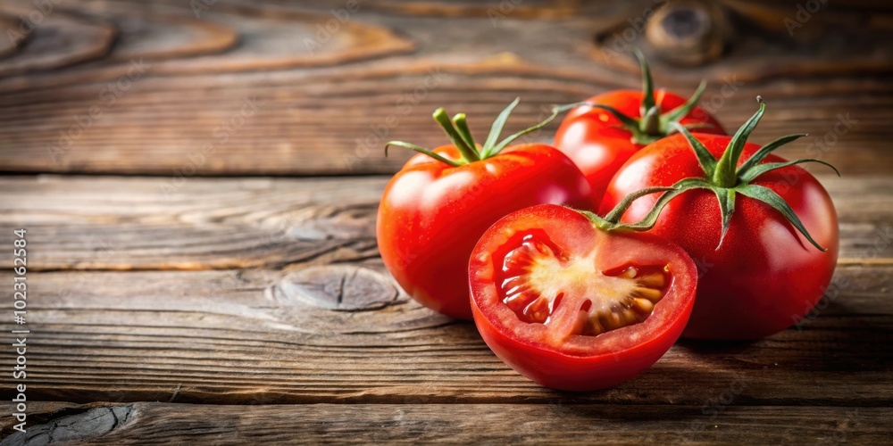 Fresh juicy tomatoes cut in half on a rustic wooden table , tomatoes, fresh, juicy, cut in half, wooden table, rustic, organic Fresh juicy tomatoes cut in half on a rustic wooden table , tomatoes, fresh, juicy, cut in half, wooden table, rustic, organic