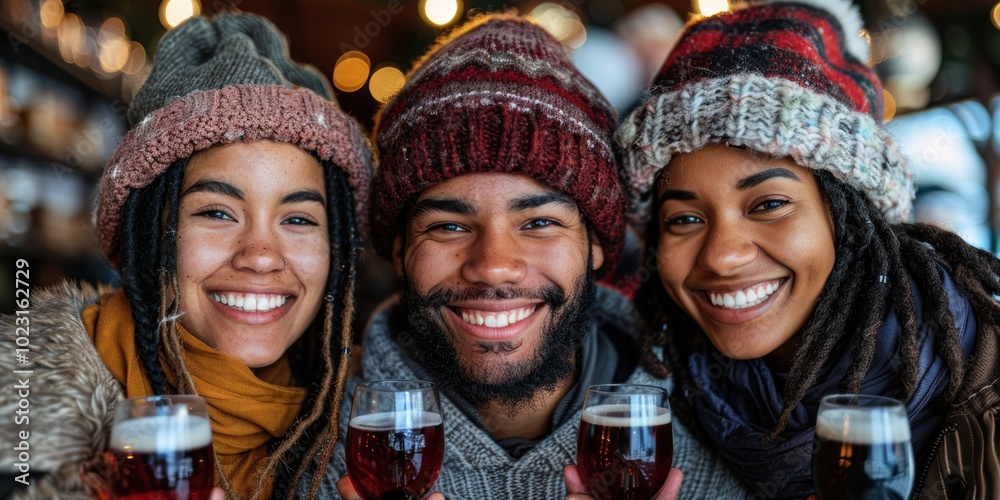 A heartwarming scene featuring three friends in cozy winter attire smiling and enjoying glasses of dark ale in a festive atmosphere A heartwarming scene featuring three friends in cozy winter attire smiling and enjoying glasses of dark ale in a festive atmosphere