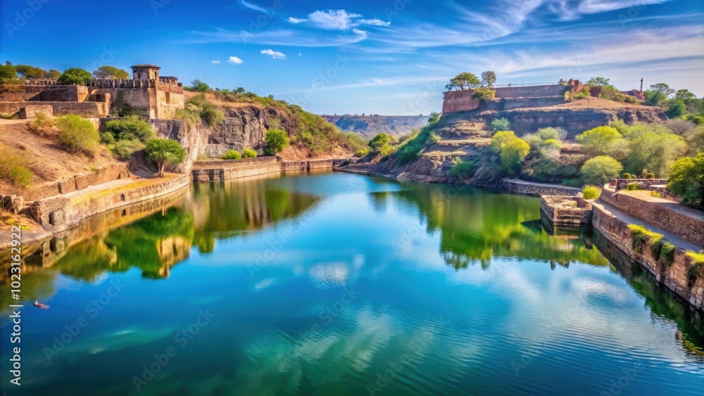 Scenic view of Kund water body at Ranthambore Fort with blue sky in background, Ranthambore Fort, Rajasthan, India Scenic view of Kund water body at Ranthambore Fort with blue sky in background, Ranthambore Fort, Rajasthan, India