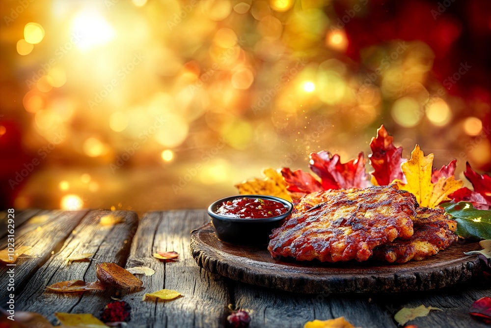 Delicious sweet potato fritters food platter with autumn leaves. Delicious sweet potato fritters food platter with autumn leaves.
