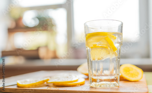 Close up of a lemon slices and a glass of water. Healthy food or drink concept.