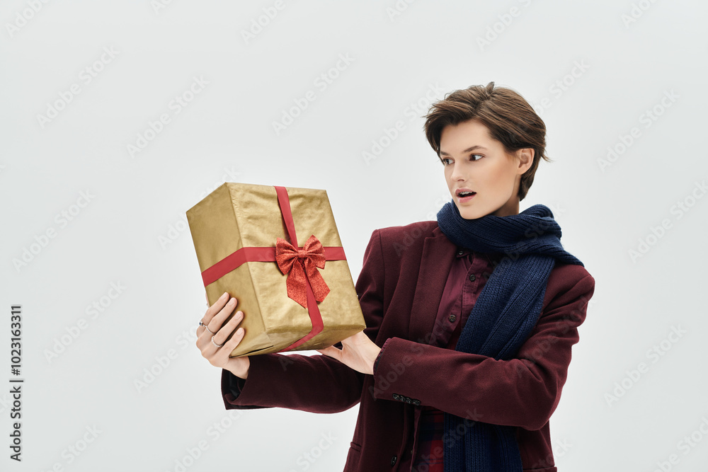 A stylish woman in winter clothes gazes in surprise at a lovely gift she holds. A stylish woman in winter clothes gazes in surprise at a lovely gift she holds.