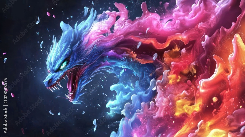 Fototapeta premium A vibrant, colorful dragon emerging from swirling flames and water, showcasing dynamic energy.