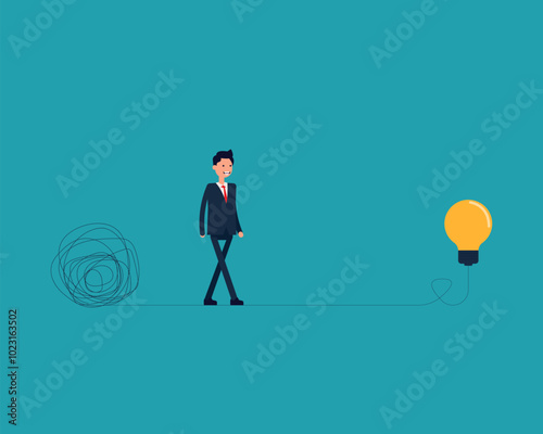 Business person walking away from mess chaos line to simple lightbulb idea