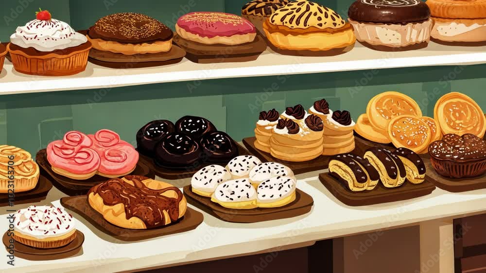 A bakery counter displays a variety of pastries, including donuts, eclairs, and cakes, in a colorful and tempting arrangement A bakery counter displays a variety of pastries, including donuts, eclairs, and cakes, in a colorful and tempting arrangement