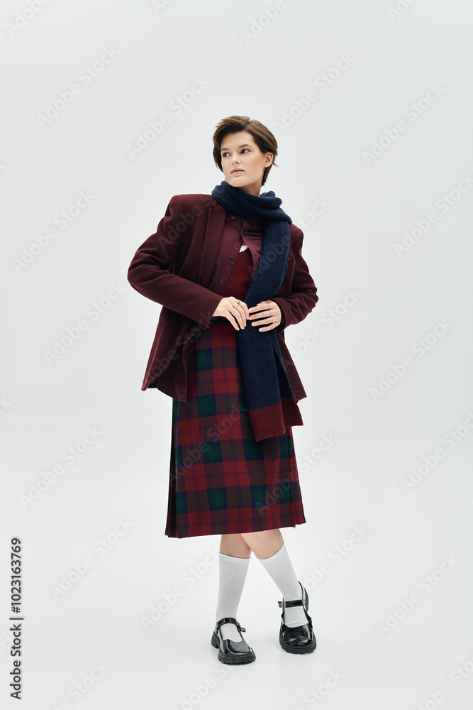 A beautiful woman showcases her cozy elegance in winter wear while striking a confident pose. A beautiful woman showcases her cozy elegance in winter wear while striking a confident pose.