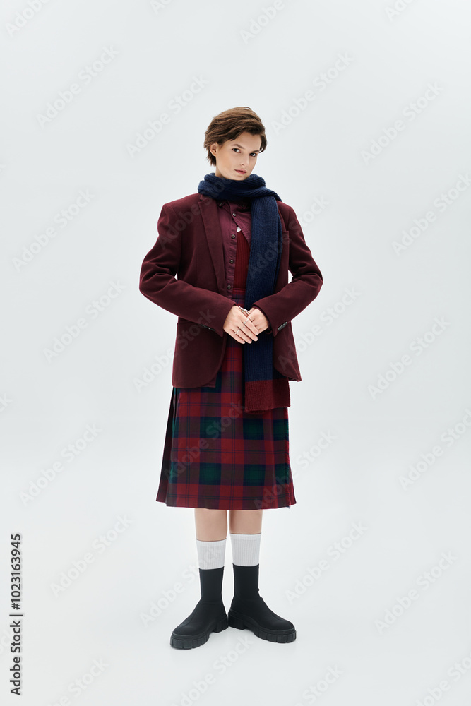 Dressed in stylish layers, the woman stands poised in a minimalist environment, exuding elegance. Dressed in stylish layers, the woman stands poised in a minimalist environment, exuding elegance.
