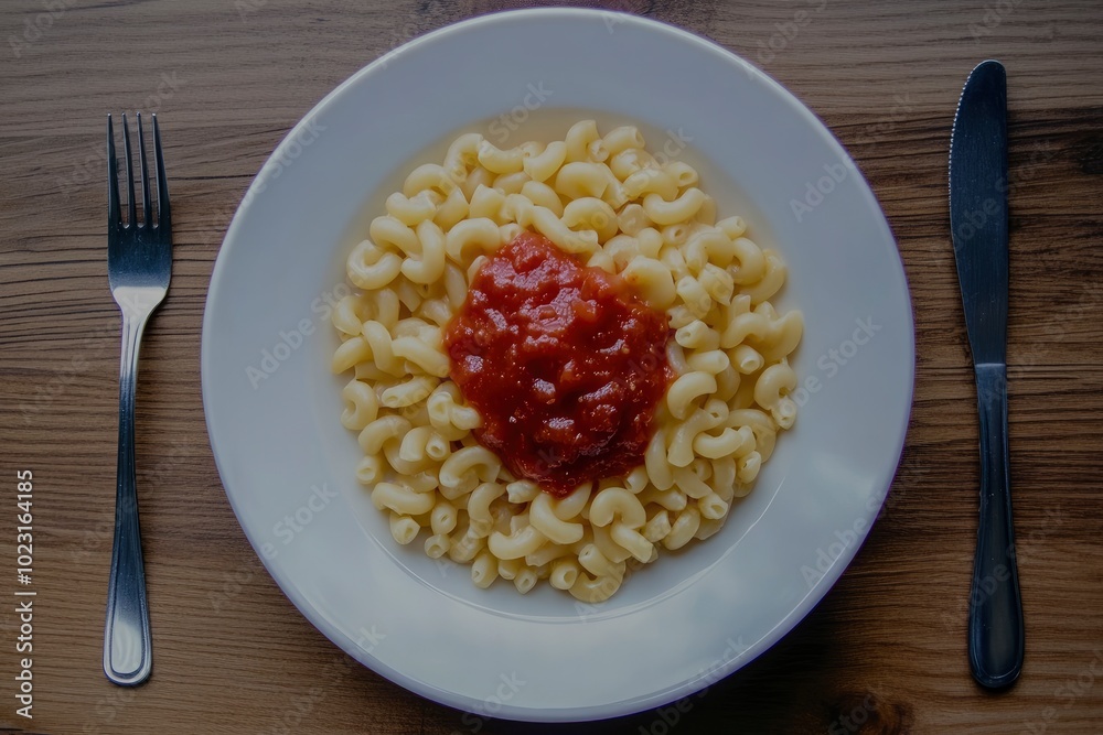Top view of Macaroni with tomato sauce in white plate on wooden table background. Italian Food - generative ai Top view of Macaroni with tomato sauce in white plate on wooden table background. Italian Food - generative ai