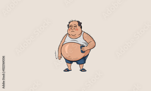 Cartoon overweight man with beer and cigarette standing.