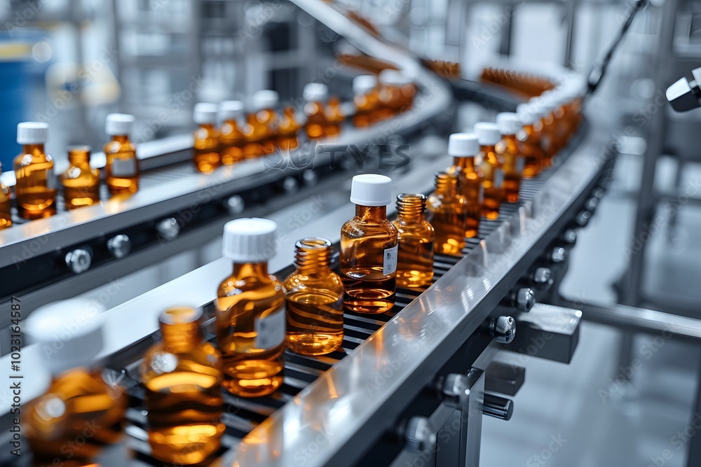 Fototapeta premium Bottles of Medicine on a Production Line in a Pharmaceutical Factory
