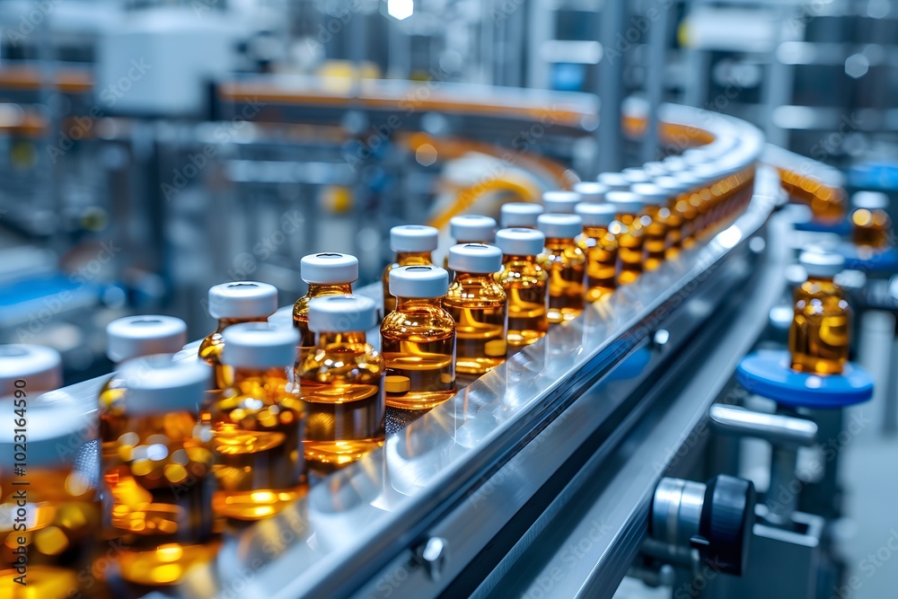 Fototapeta premium Automated Production Line of Pharmaceutical Bottles in a Modern Factory