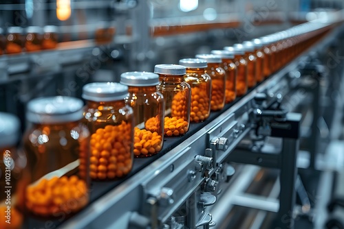 Bottling Process of Vibrant Orange Pills in a Modern Pharmaceutical Factory