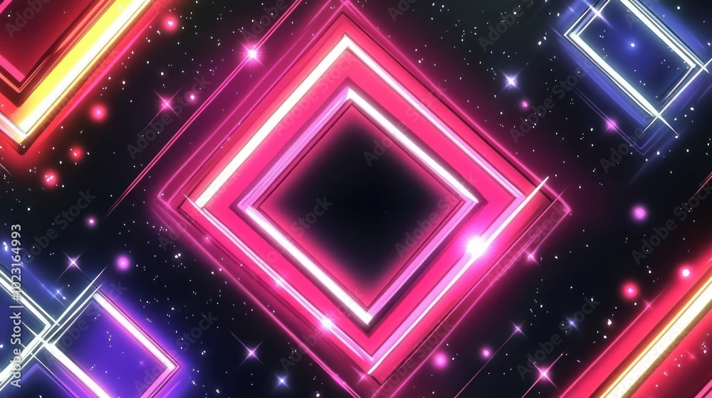 Obraz premium A vibrant, abstract design featuring glowing geometric shapes and sparkling elements.