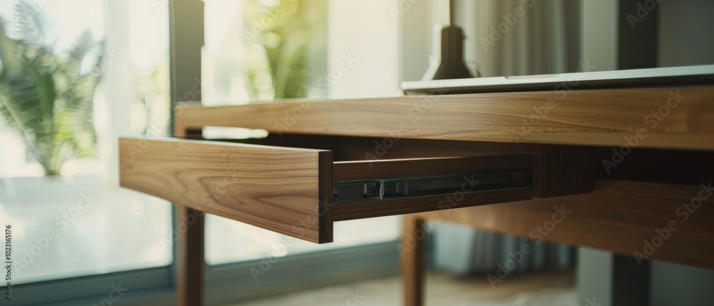A minimalistic office space illuminated by warm sunlight, showcasing a sleek wooden desk with a partially open drawer, conveying simplicity and sophistication. A minimalistic office space illuminated by warm sunlight, showcasing a sleek wooden desk with a partially open drawer, conveying simplicity and sophistication.