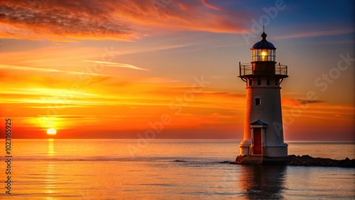 Lighthouse glowing in the orange light of sunset, radiating comfort and tranquility, lighthouse, sunset, orange light