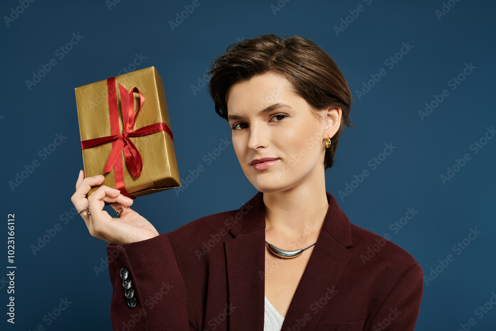 The woman exudes warmth and style while presenting a festive gift adorned with a vibrant ribbon. The woman exudes warmth and style while presenting a festive gift adorned with a vibrant ribbon.