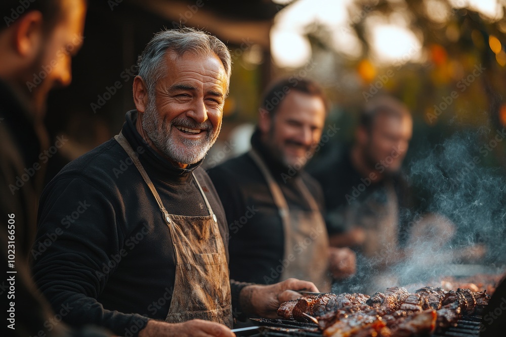 A group of men gathered around a barbecue grill in a backyard. Generative AI A group of men gathered around a barbecue grill in a backyard. Generative AI