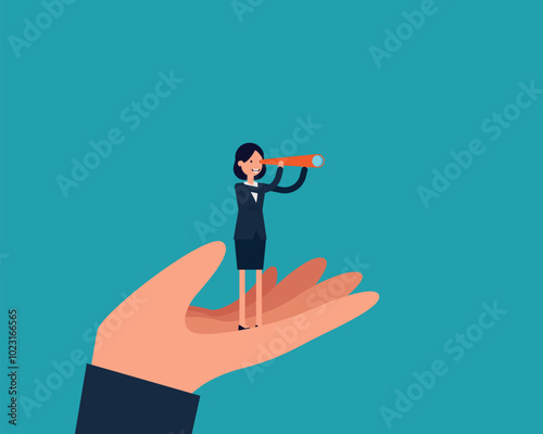 Business person stand on support hand look into telescope vision