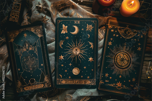 Tarot card backgrounds with mystical designs, featuring celestial symbols like sun, star, and moon.