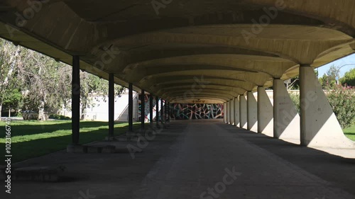 Big Concrete Bridge. View under the bridge. Slow Motions. 4K