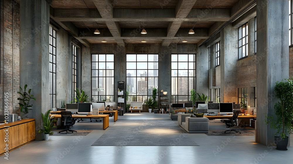 Modern office space with large windows and greenery for productivity. Modern office space with large windows and greenery for productivity.