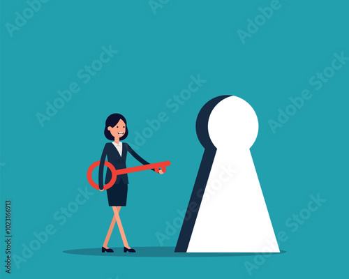Business person hokding key and walking to unlock keyhole to reach tar get