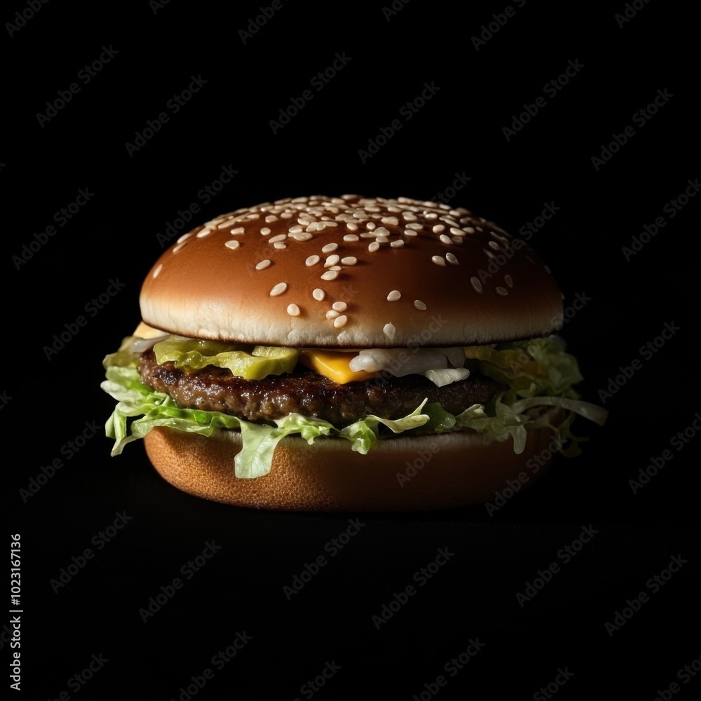 A burger on a dark background, lit by studio lights. It consists of two layers of patty, lettuce, cheese, secret sauce, mustard, on top of a brioche bun with round white seeds on it. A burger on a dark background, lit by studio lights. It consists of two layers of patty, lettuce, cheese, secret sauce, mustard, on top of a brioche bun with round white seeds on it.