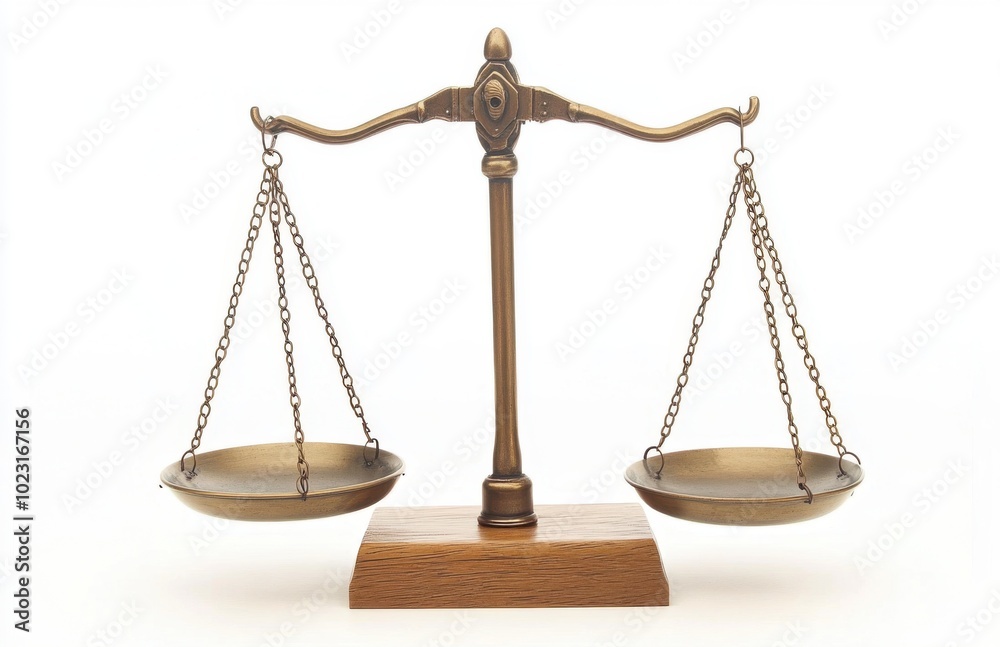 Classic brass scale with two bowls in balance, symbolizing justice, on a white background. Classic brass scale with two bowls in balance, symbolizing justice, on a white background.