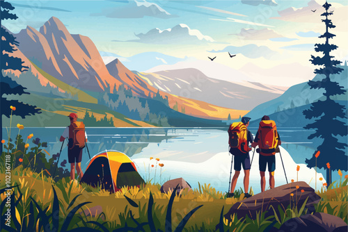 Tourists Camping and Hiking: Summer Adventures in Nature, Forests, and Mountains